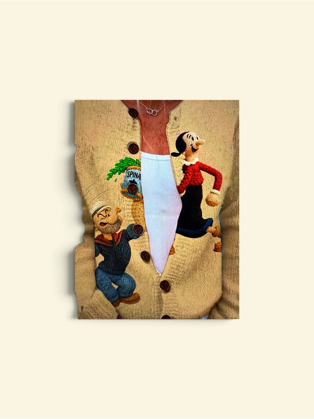 Popeye & Olive Oyl Embroidered Cardigan Sweater in Tan
